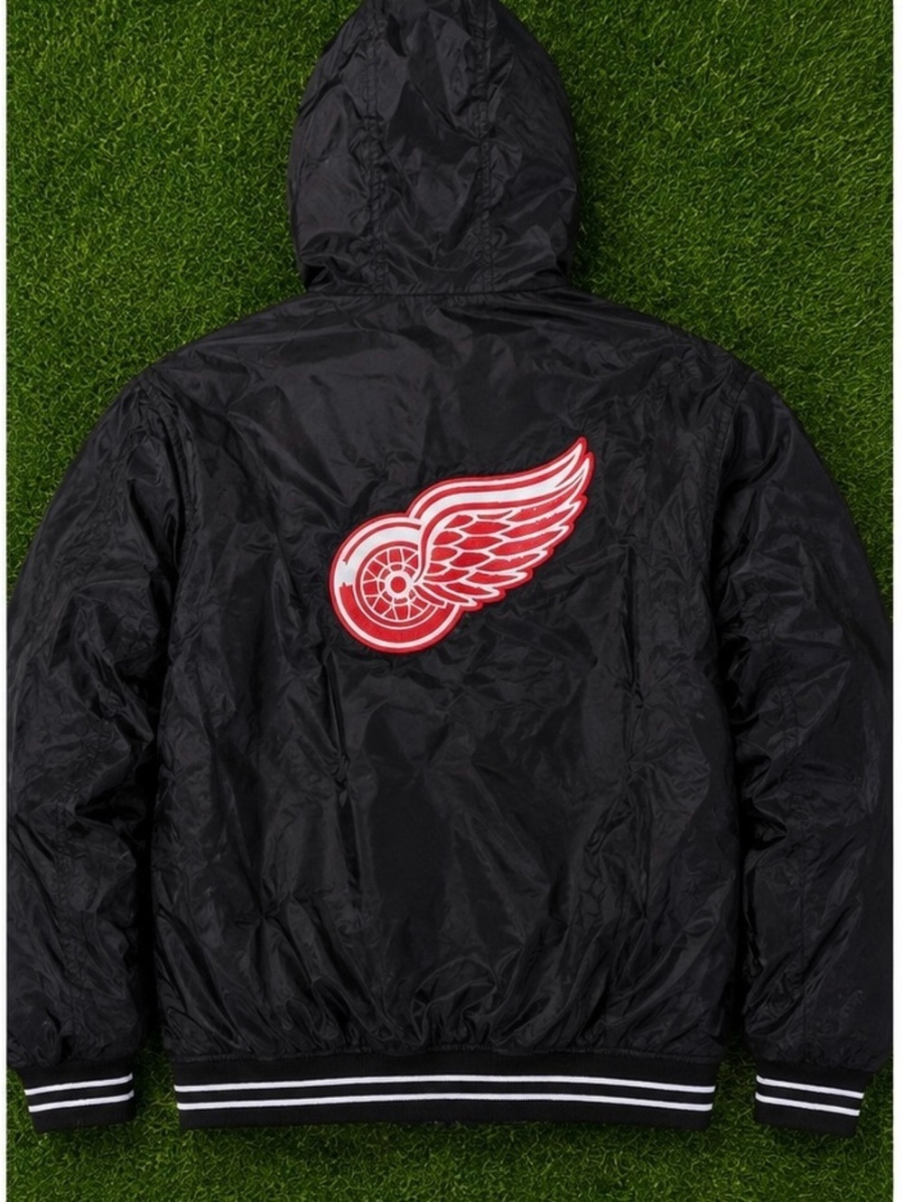 Men's Black Hooded Bomber Jacket with Red Wing Patch - Picture 2 of 2